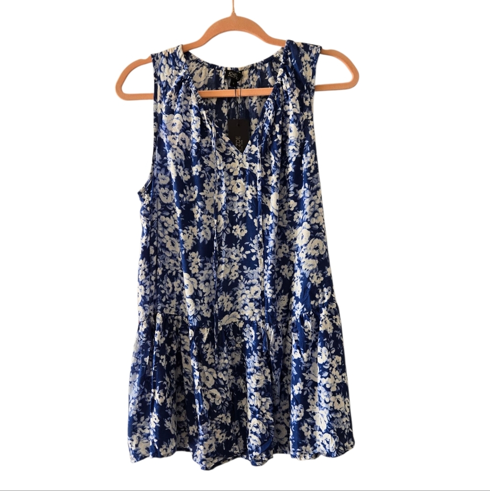 Rachel Zoe Boho Floral V Neck Keyhole Tie Sleeveless Peplum Mini Tunic Blue NWT